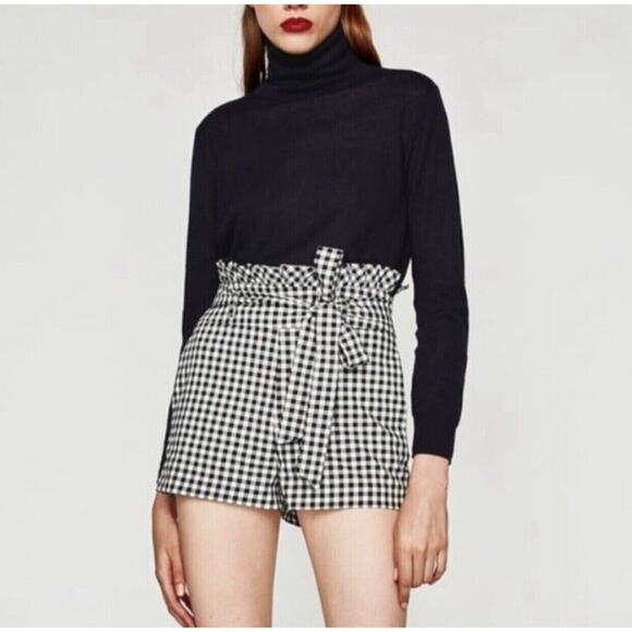 ZARA Paperbag Checker Tie Shorts Hi Waist Ruffles Side Zip Pockets S Black White - Picture 1 of 15